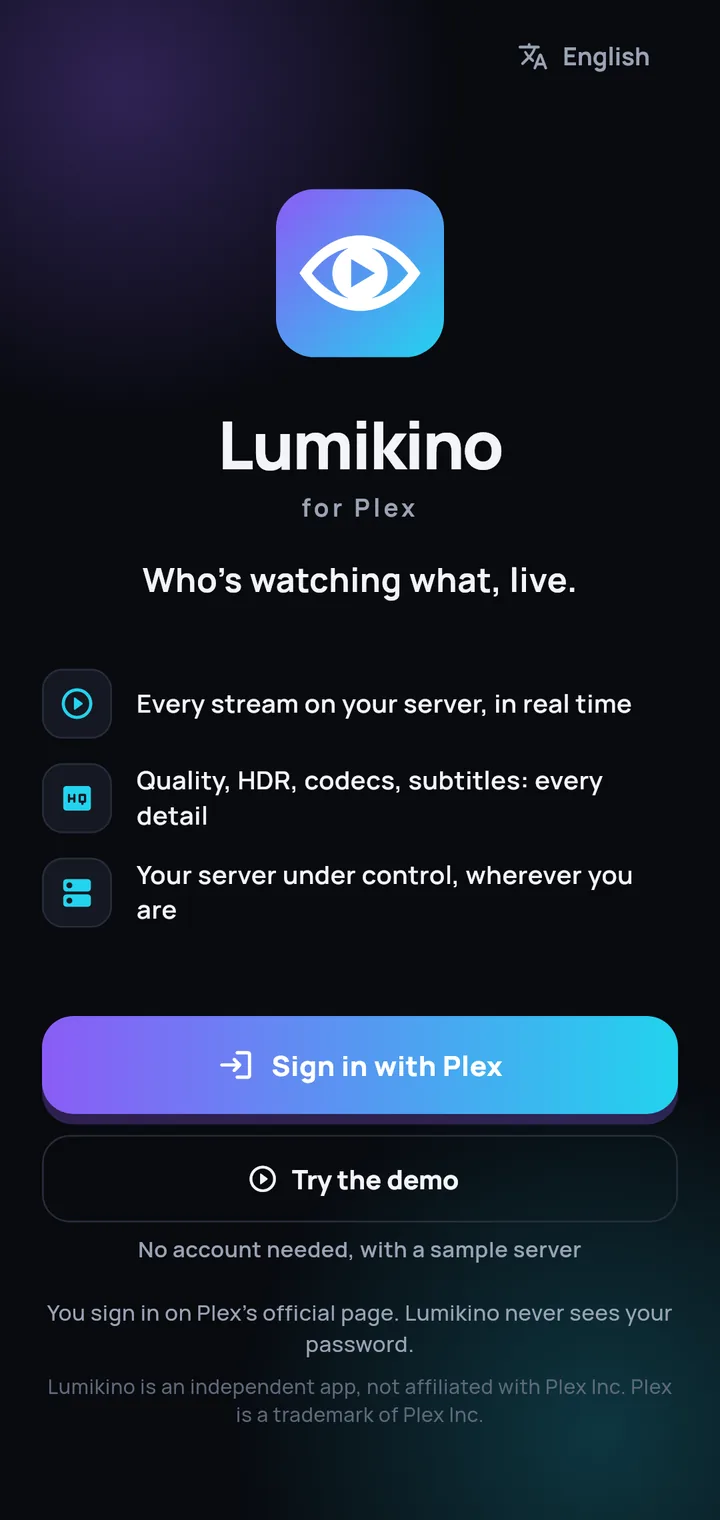 Lumikino's welcome screen with the “Try the demo” button